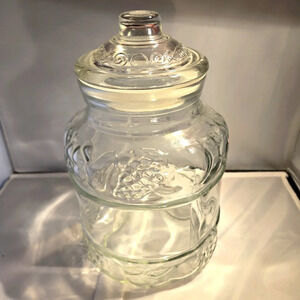Vintage Kig Indonesia Clear Glass Cookie Jar Embossed Fruit Canister + Lid 11"